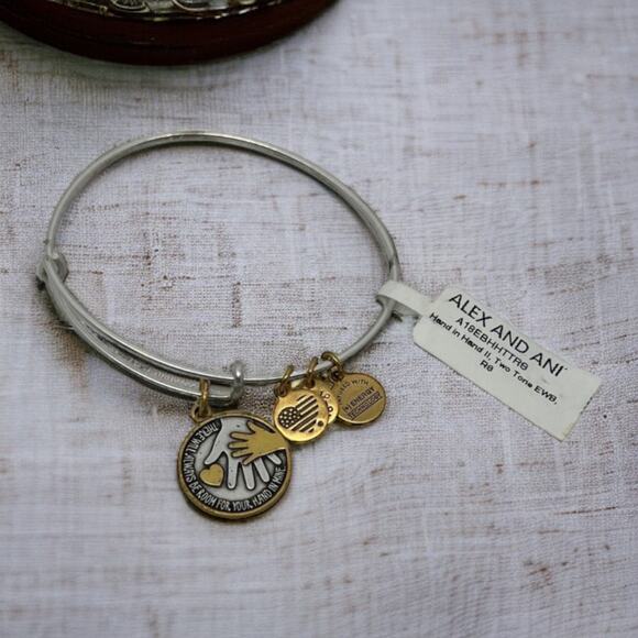 NWT Alex and Ani Hand in Hand Two-Tone Charm Bracelet Exclusive Silver Gold - Picture 1 of 5